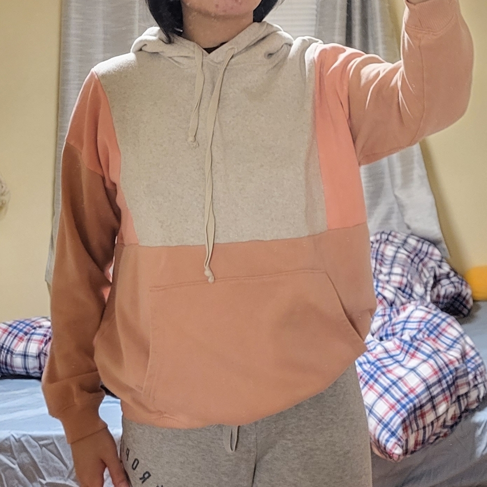 American Eagle Pink and White Color Block Oversized Hoodie (size xs)